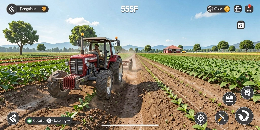 Screenshot permainan 555F menampilkan aktivitas bertani yang seru.