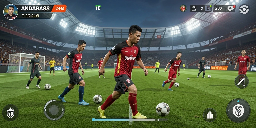 Screenshot utama ANDARA88 menampilkan aksi pertandingan sepak bola yang intens.