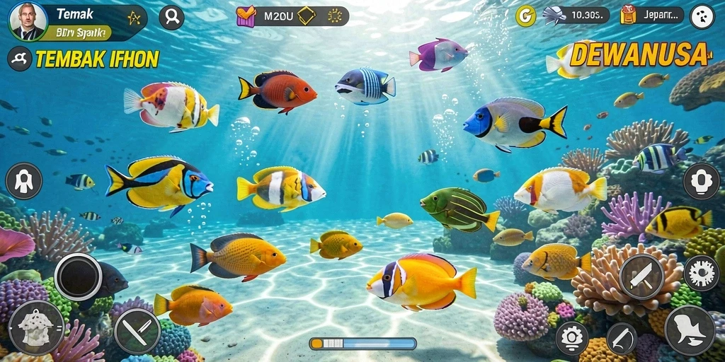 Tampilan gameplay menarik dari DEWANUSA dengan berbagai ikan yang bisa ditembak.
