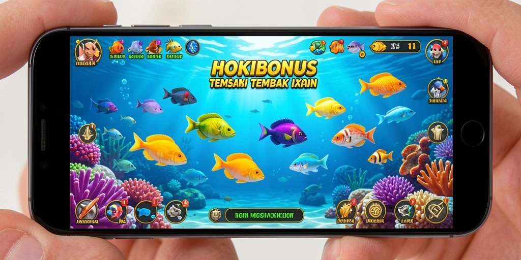 Screenshot gameplay HOKIBONUS dengan ikan berwarna-warni yang sedang ditembak.