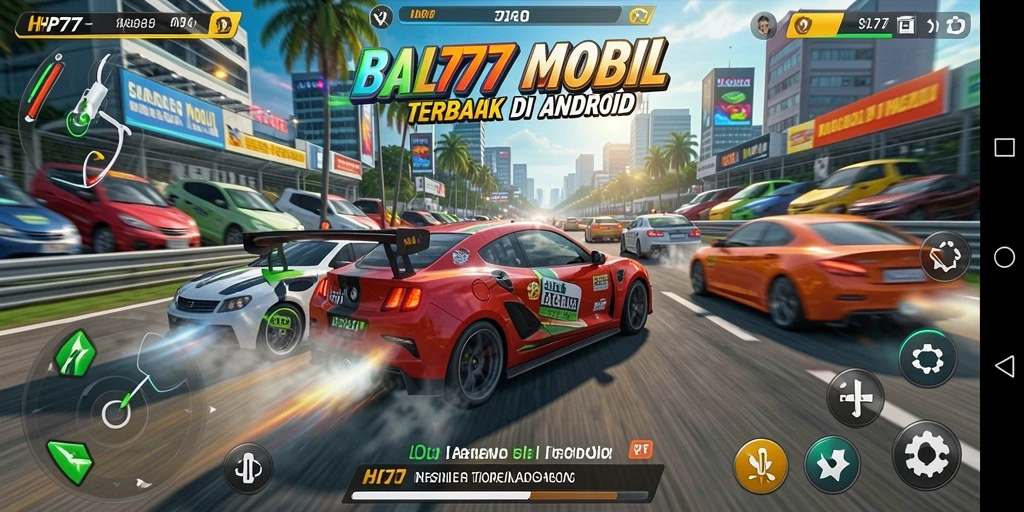 Tampilan gameplay HP777 yang seru dengan mobil balap di lintasan.