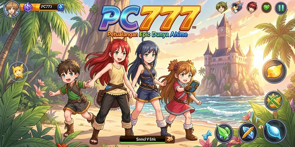 Screenshot gameplay PC777 menampilkan aksi pertempuran karakter anime.