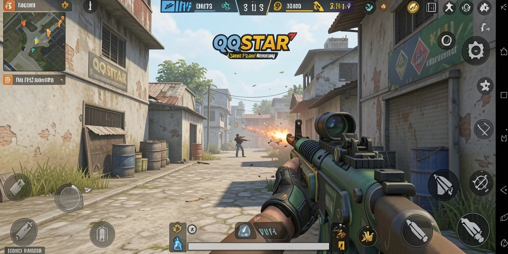 Screenshot gameplay QQSTAR menampilkan aksi seru dalam pertarungan FPS.